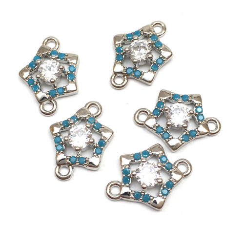Коннектор с голубыми фианитами "Звезда" 13х9 мм, родий