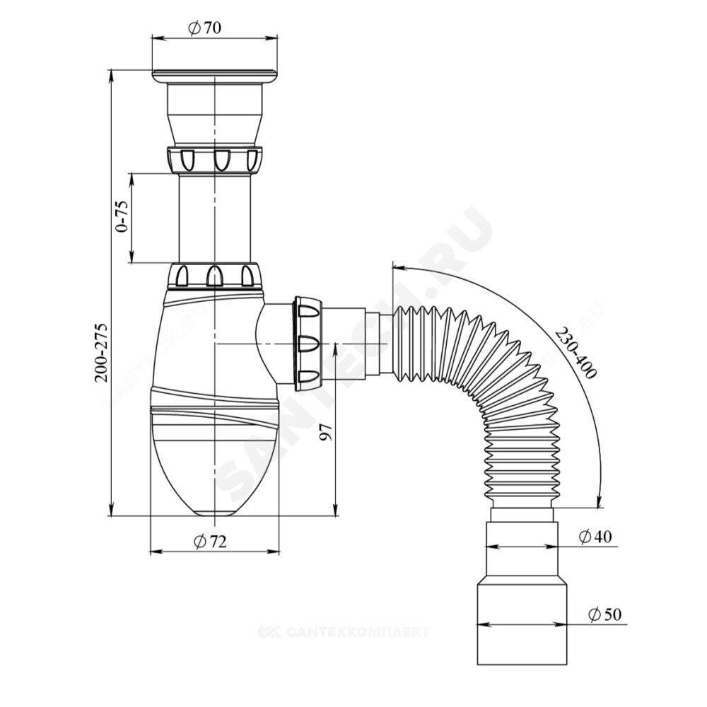 Сифон для умывальника бутылочный 1 1/2"x40 с гофрой 40х40/50 с нержавеющей решёткой Unicorn А220