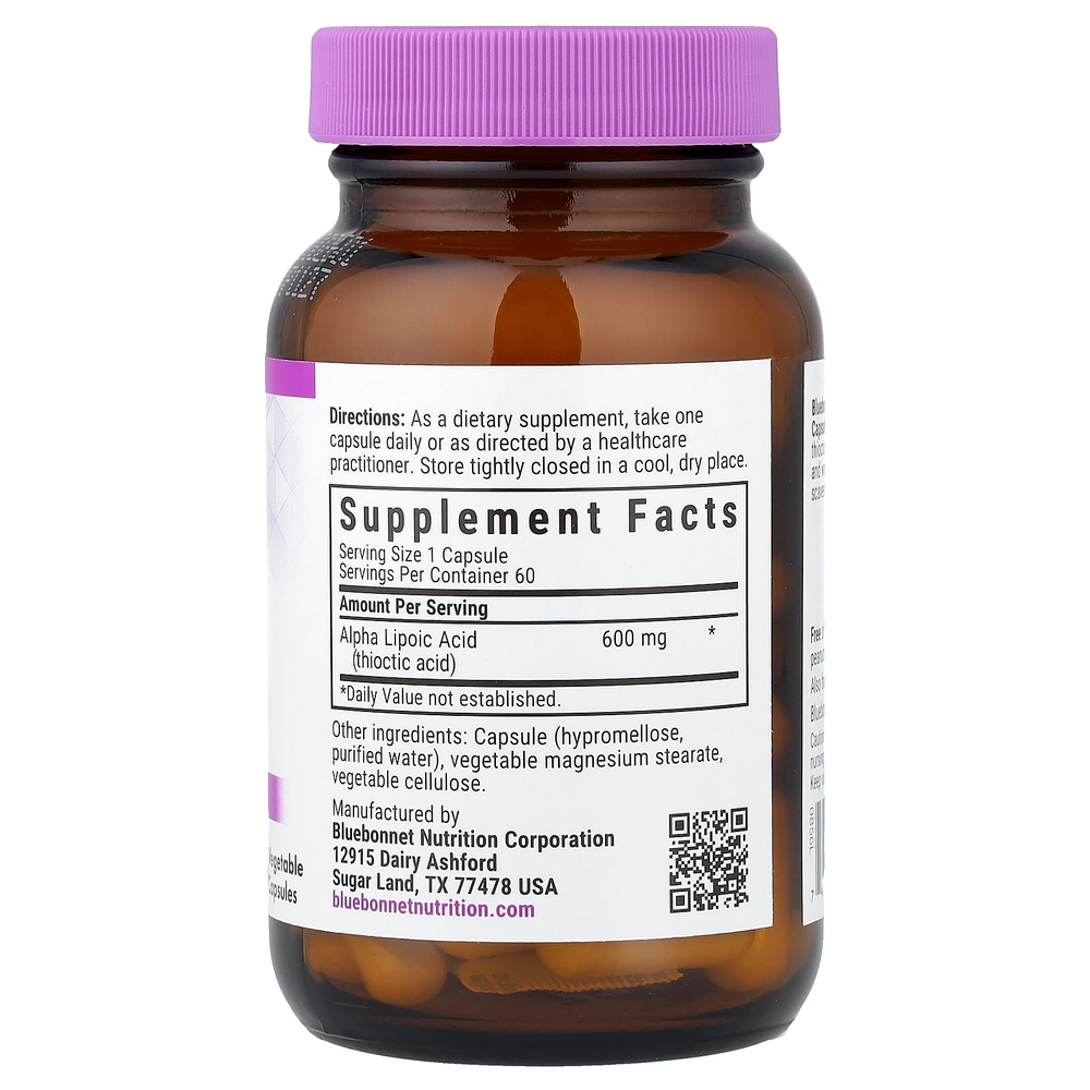 Bluebonnet Nutrition, Альфа-липоевая кислота, 600 мг, 60 растительных капсул