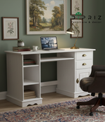 Письменный стол Клаудиа с ящиками, тумбой и полками из массива сосны, белый