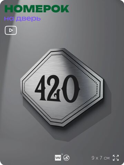 Номерок на дверь квартиры 420, для кабинета, офиса, шильдик 9 х 7 см, брашированная сталь, Айдентика Технолоджи