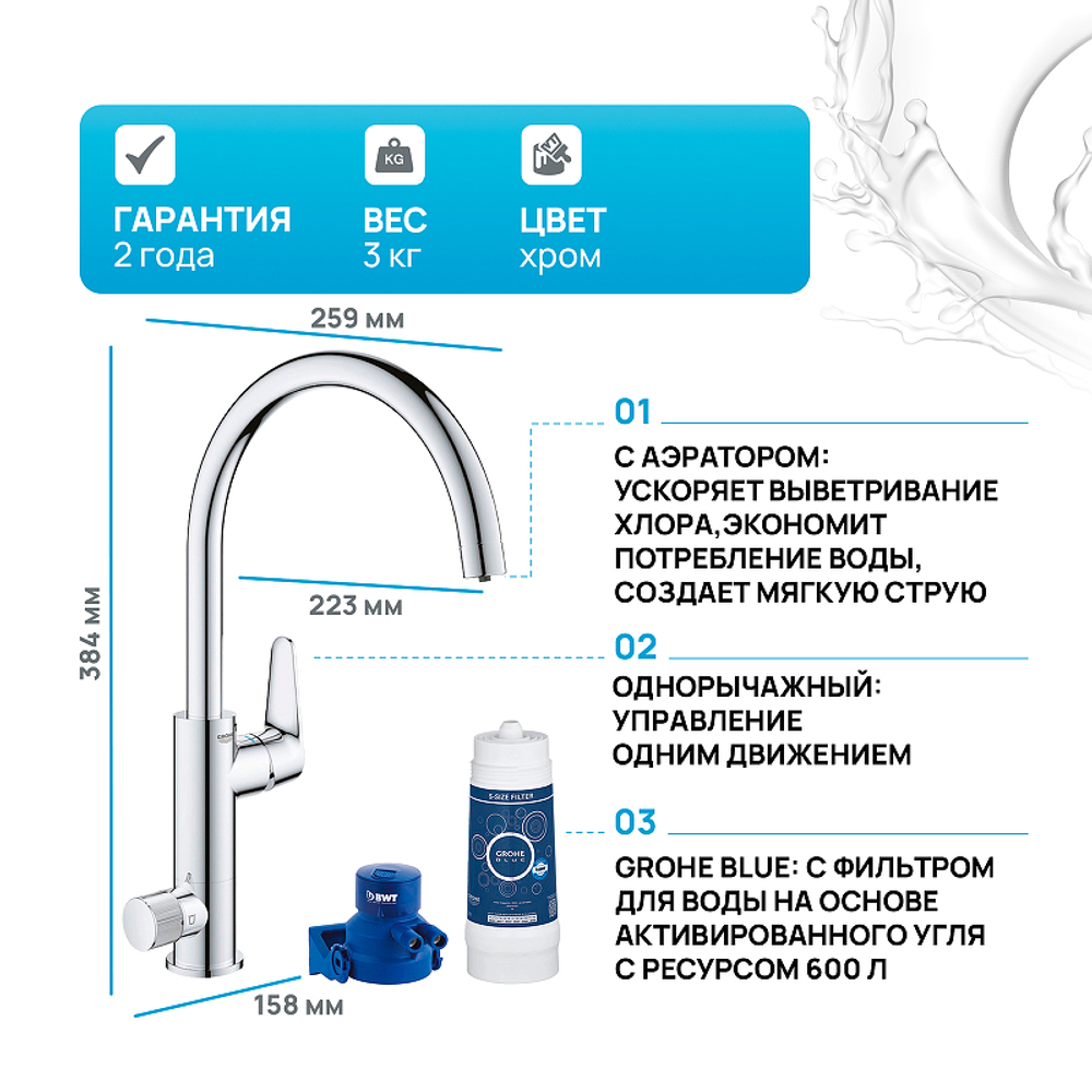 Смеситель для кухни Grohe Blue Pure BauCurve 119709 Хром