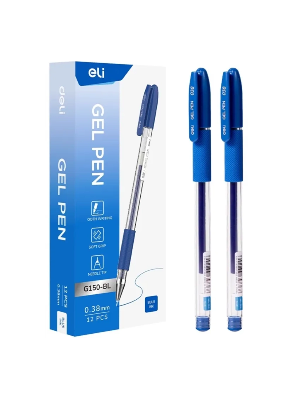 Ручка гелевая Deli 0.38мм, рез. манжета, игловидный наконечник, синяя EG150-BL