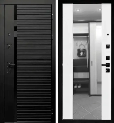 Черная металлическая дверь в квартиру с зеркалом - 1058