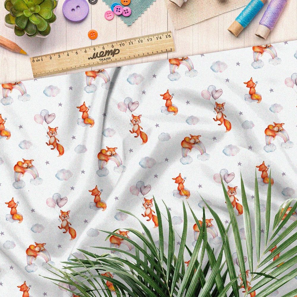 Ткань сатин лисята на воздушных шарах