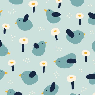 Милые голубые птички и цветы