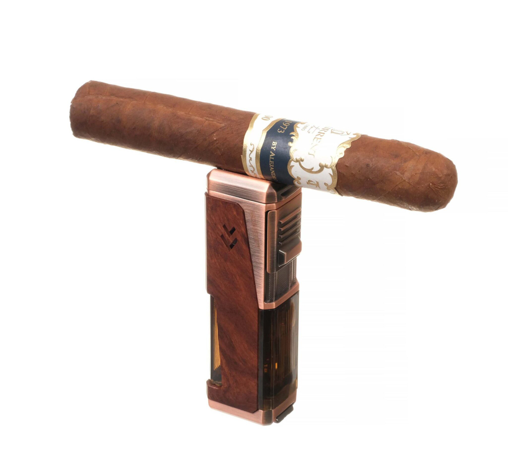 Зажигалка сигарная Honest, четверное пламя, с пробойником и сигарным ложементом, бронза с деревом 778-Wood