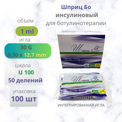 ШПРИЦ БО 1мл 30G 12.7мм инсулиновый для ботулинотерапии 100шт
