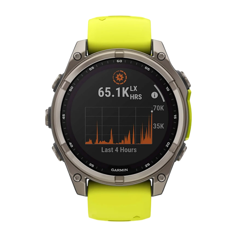 Спортивные часы Garmin fenix 8, 47 мм, Solar, титан, сапфир, силиконовый ремешок цвета «электрический жёлтый»/графитовый Безель из титана, дисплей Solar. Ремешок с классической застёжкой — на запястье обхватом 125–208 мм