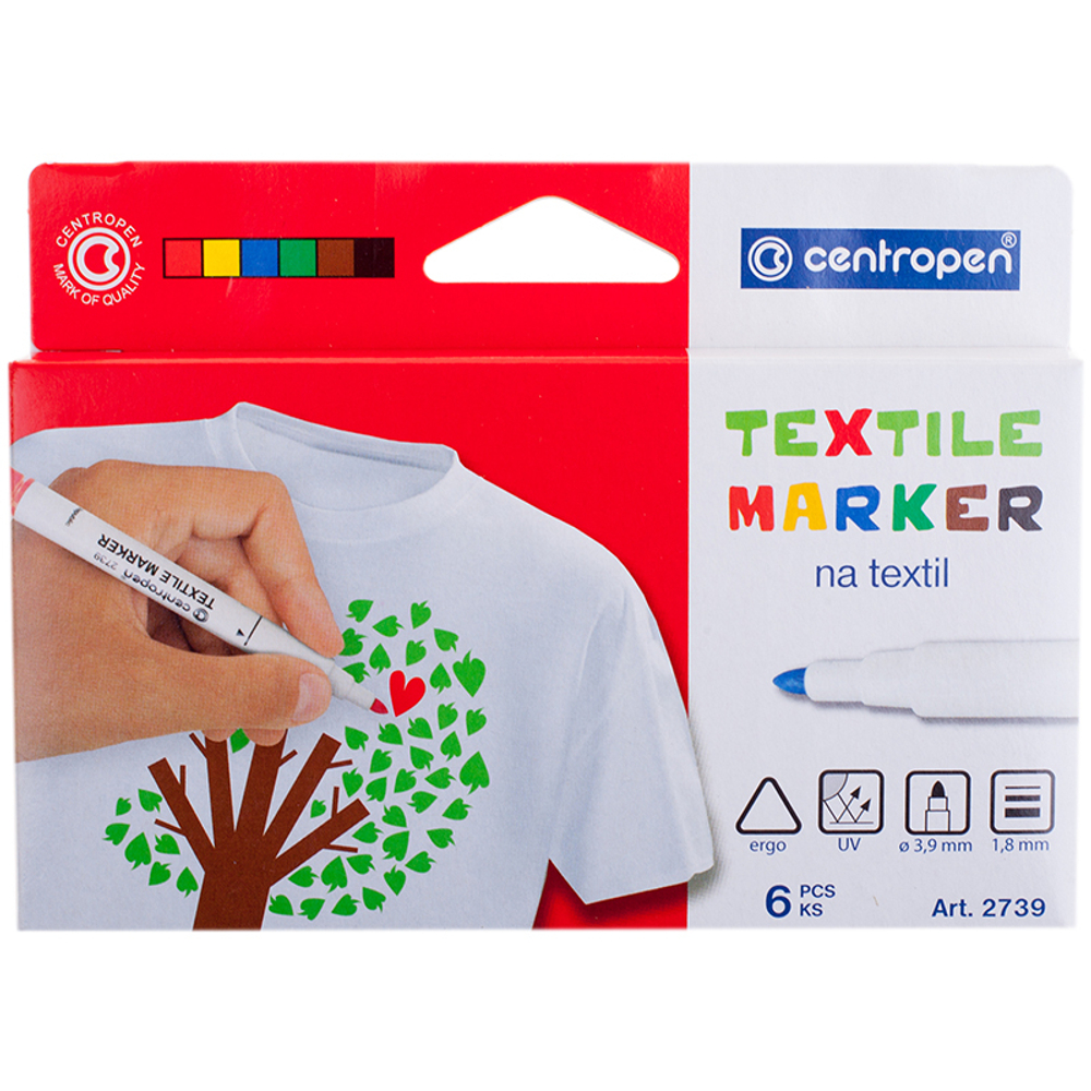 Набор маркеров для ткани "Textil Marker 2739", 6 цв., 1,8мм, картон. уп., европодвес, Centropen