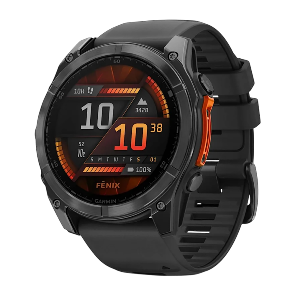Спортивные часы Garmin fenix 8, 51 мм, AMOLED, сталь, чёрный силиконовый ремешок Сланцево-серый безель из нержавеющей стали, AMOLED-дисплей со стеклом Gorilla Glass. Ремешок с классической застёжкой — на запястье обхватом 127–210 мм