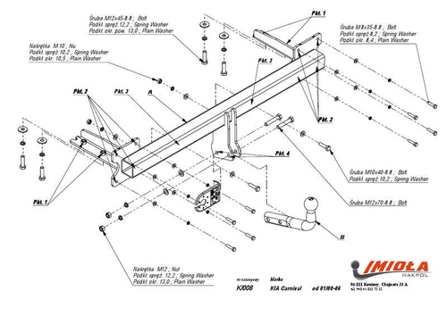 Фаркоп IMIOLA K.008 Kia Carnival 2000-2006(паспорт и сертификат в комплекте)(без электрики)