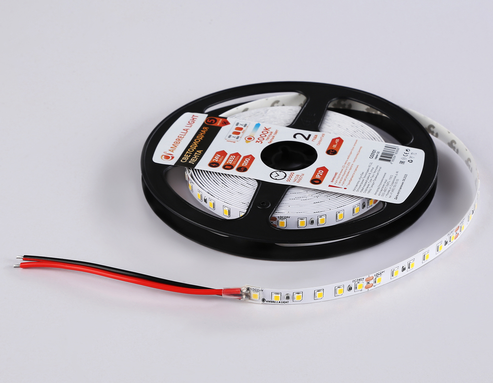 Светодиодная лента GS3101 2835 120Led/ 10W m/ 24V IP20 3000K/ 5000*8*1.2mm/ кратность резки 50mm (2 конт.)