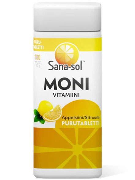 Пищевая добавка Sana-Sol Moni vitamiini 100 таб, Санасол Муни Апельсин/Лимон, содержит 11 витаминов и 7 минералов, не содержит лактозы и глютена