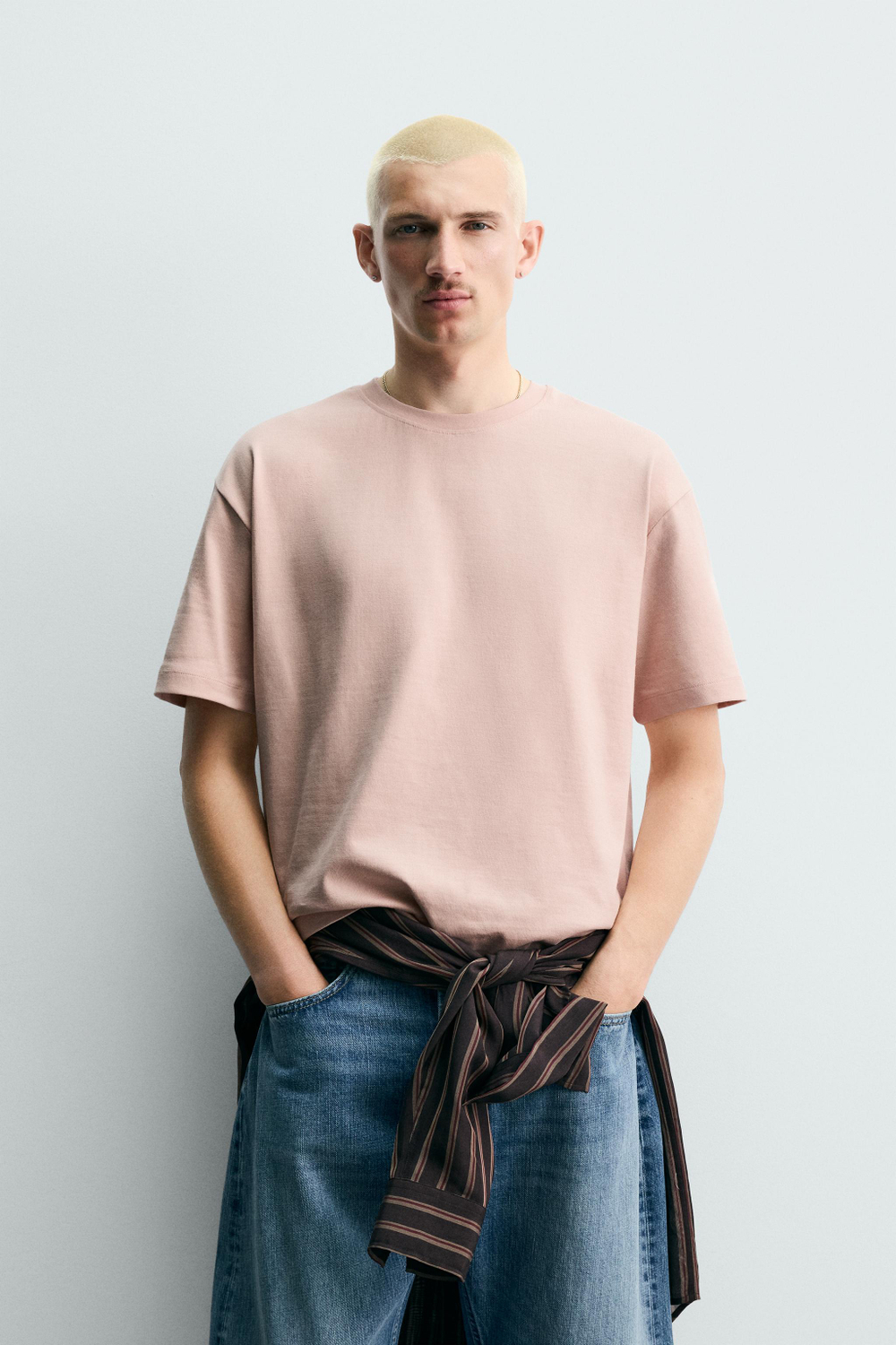 ZARA ФУТБОЛКА RELAXED FIT, ЛИНЯЛЫЙ РОЗОВЫЙ