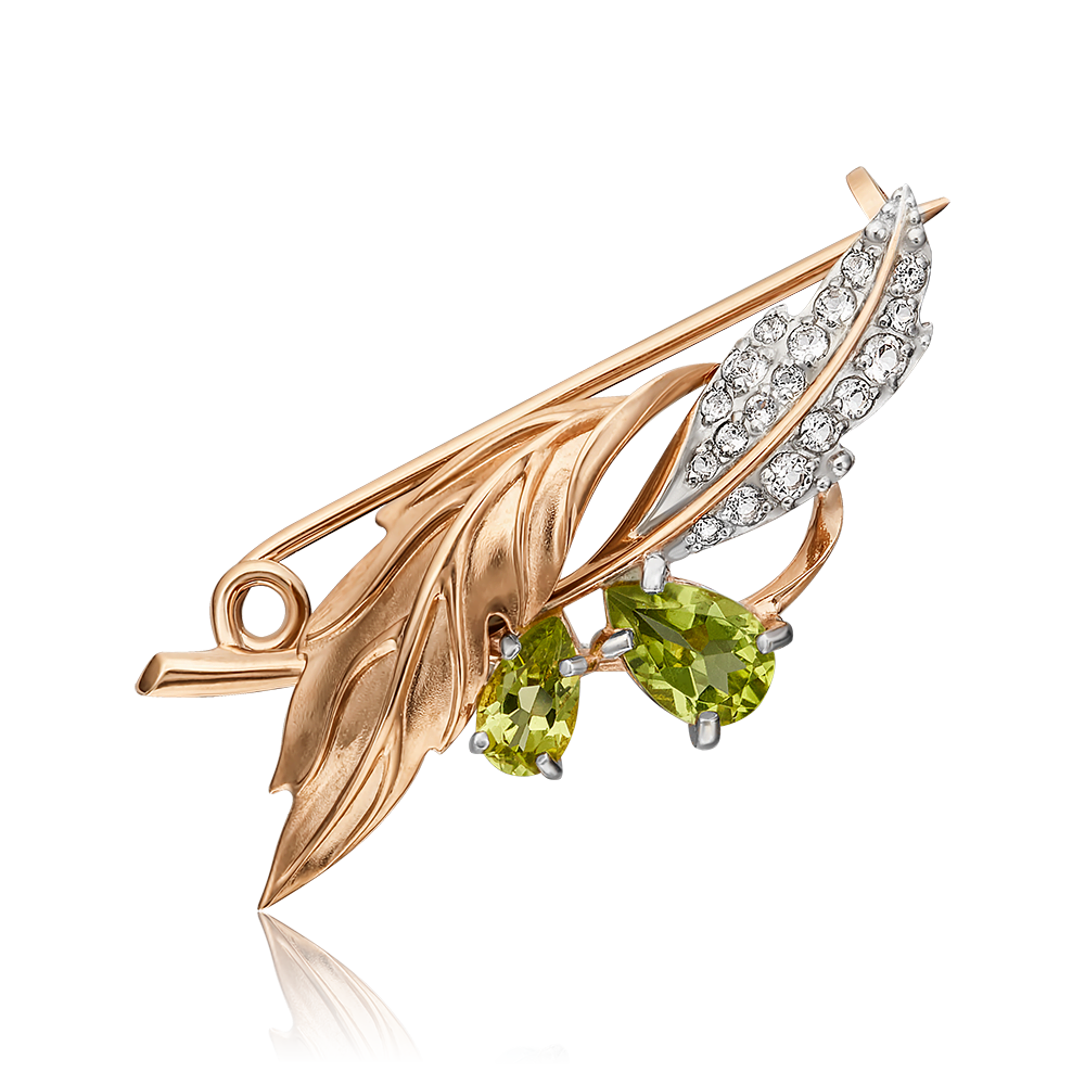 Брошь «Листья» из красного золота c хризолитами и натуральными топазами white Артикул: 04-0238-00-243-1110-46