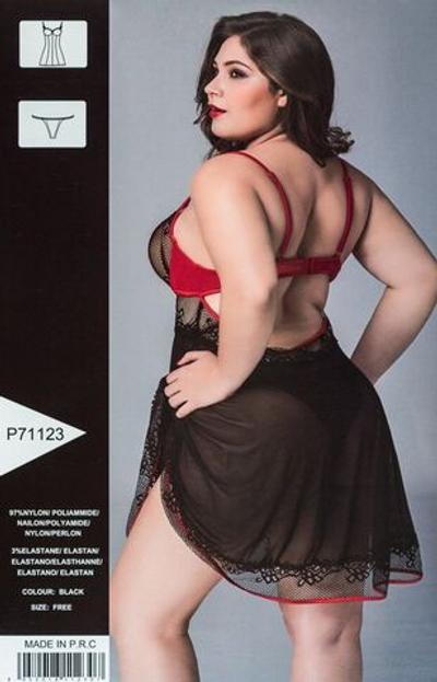 Полупрозрачная сорочка с контрастными стреп-лентами (Размер: L-XXL) (Цвет: черный с красным)