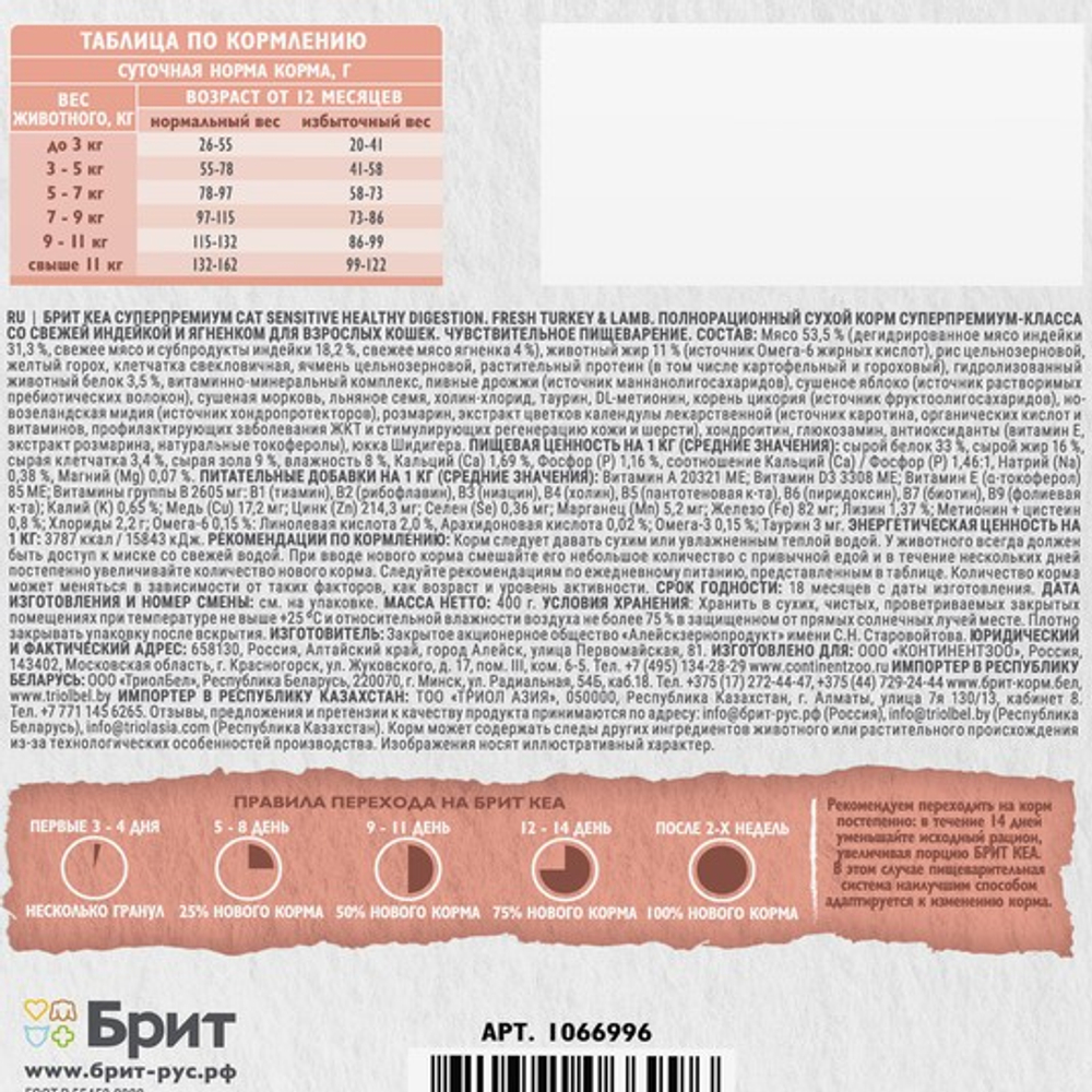 Сухой корм для взрослых кошек Брит BRIT CARE SENSITIVE HEALTHY DIGESTION с индейкой и ягненком 0,4кг