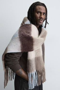 ZARA ШАРФ В КЛЕТКУ С БАХРОМОЙ, КОРИЧНЕВО-СИНИЙ