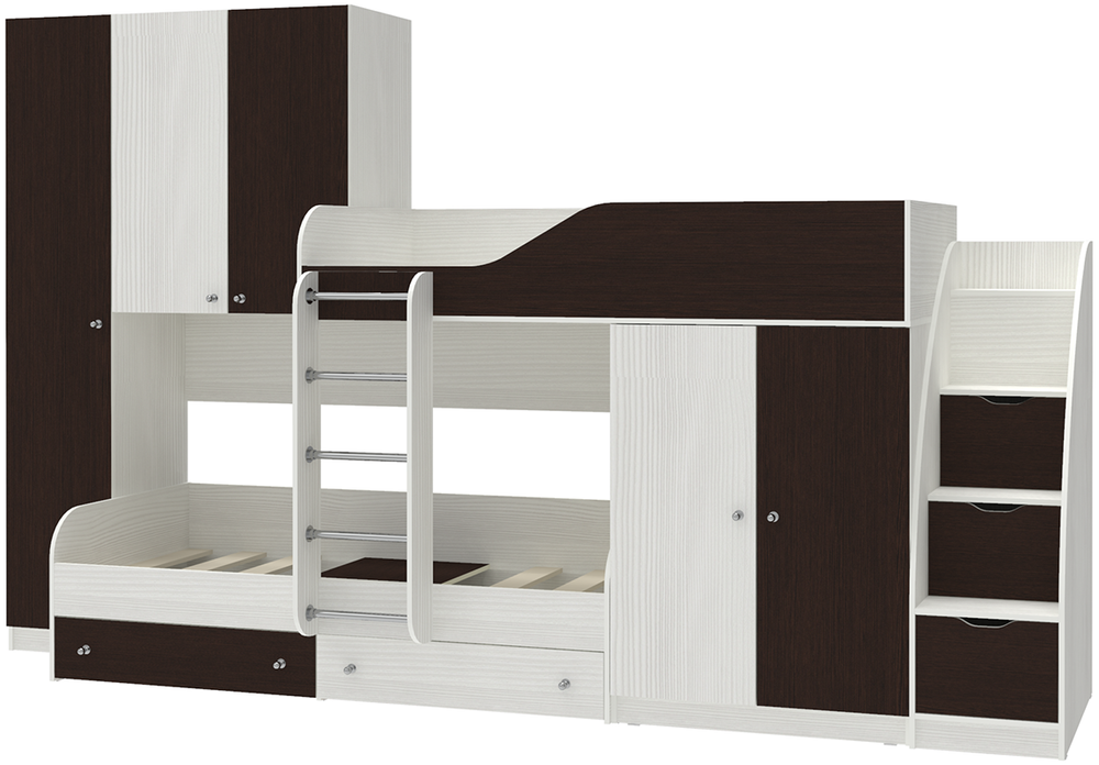 Двухъярусная кровать КарИВи Лео с лестницей Комод КарИВиом Белое Дерево Венге