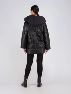 Куртка женская кожаная утепленная оверсайз с капюшоном