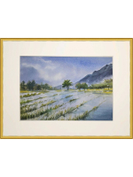 Картина авторская акварельная в паспарту 30х40 см на стену для интерьера "Дождливый день на рисовом поле"