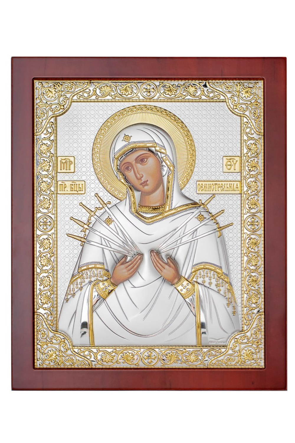 Семистрельная БМ, икона прямоугольная с рамкой, красное дерево 210х260