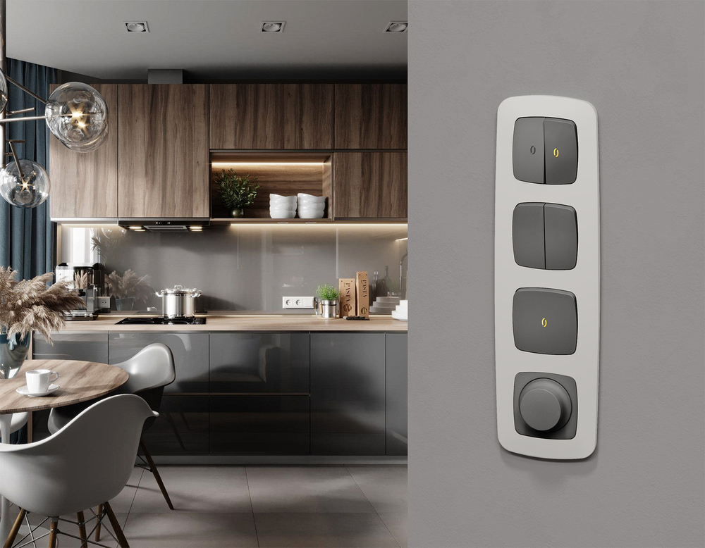 MO652030 Комплект механизма 1-кл проходного выключателя с подсветкой 3200K OMEGA Антрацит серый QUANT (OP6520, VM105, G22Y)