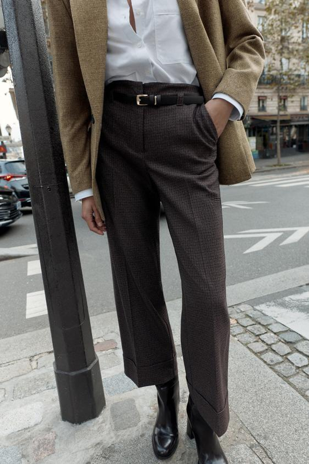 ZARA БРЮКИ С РЕМНЕМ И УЗОРОМ «ГУСИНАЯ ЛАПКА», МЯГКИЙ СЕРЫЙ