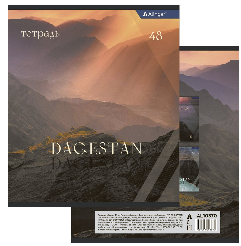 Тетрадь 48л., А5, клетка, Alingar "Dagestan", скрепка, мелованный картон (стандарт), блок офсет, 4 дизайна в пленке т/у