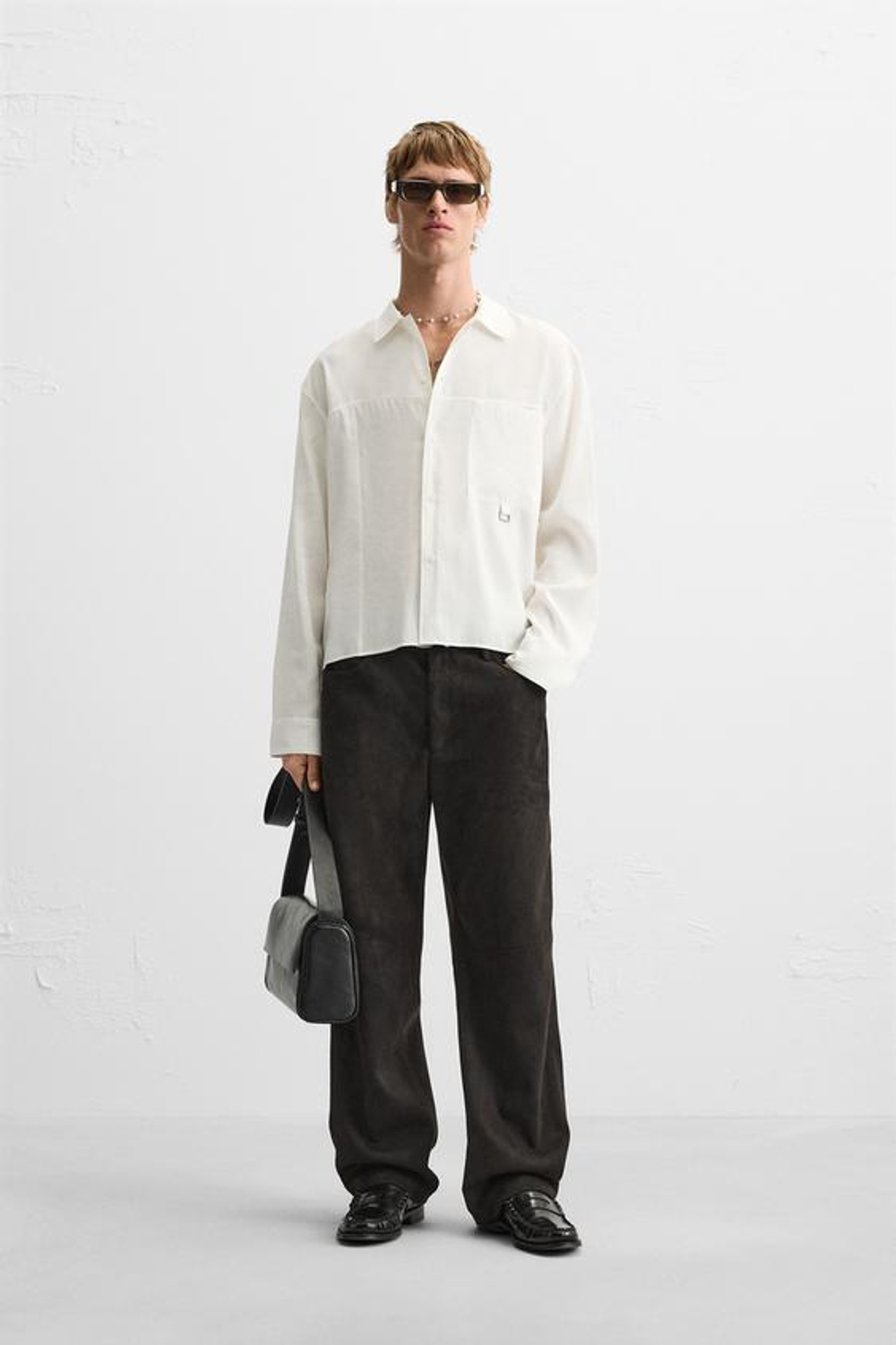 ZARA РУБАШКА СВОБОДНОГО КРОЯ С КАРМАНОМ, ЖЕЛТОВАТО-БЕЛЫЙ