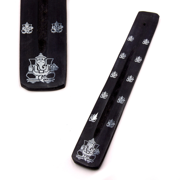 Подставка под благовония Лыжа Ганеш однополосная дерево цвет черный, рисунок белый