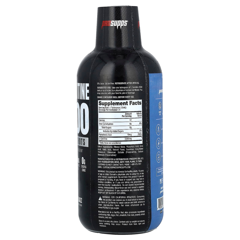ProSupps, L-карнитин 3000, Liquid Shot, голубая малина, 473 мл (16 жидк. унций)