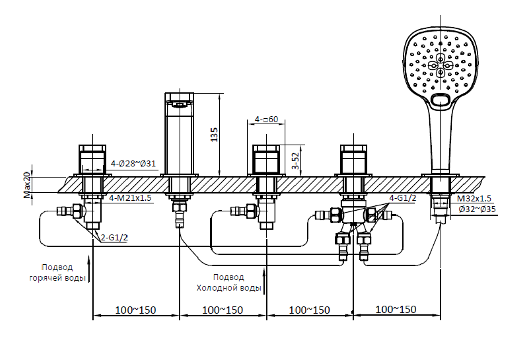 Смеситель на борт ванны с душем AltroBagno Lamberto 020101 Cr