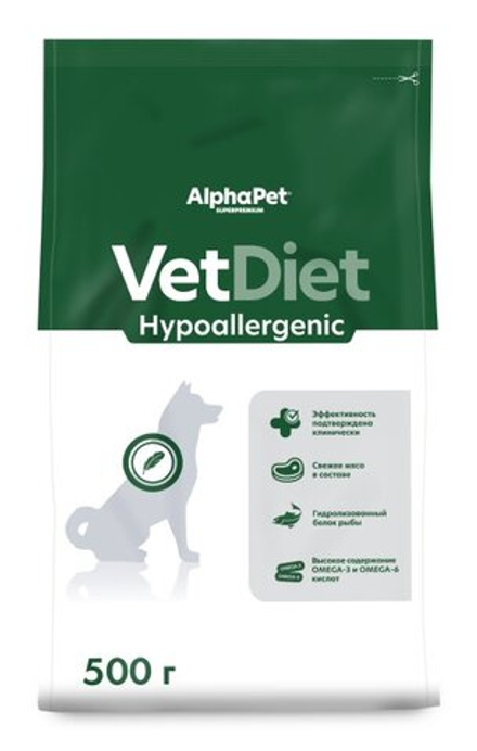 Сухой корм AlphaPet VET DIET для взрослых собак HYPOALLERGENIC при пищевой аллергии и непереносимости ингредиентов - 0,5 кг