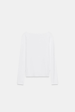 ZARA ХЛОПКОВАЯ ФУТБОЛКА С ВЫРЕЗОМ ЛОДОЧКОЙ, БЕЛЫЙ