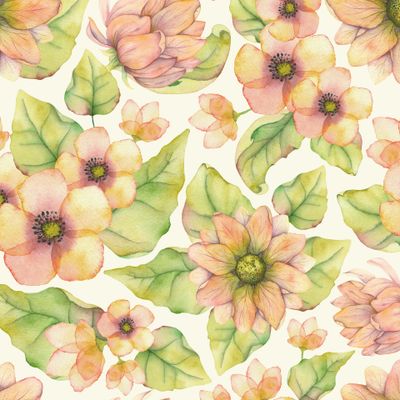Желто-розовые акварельные цветы на молочном