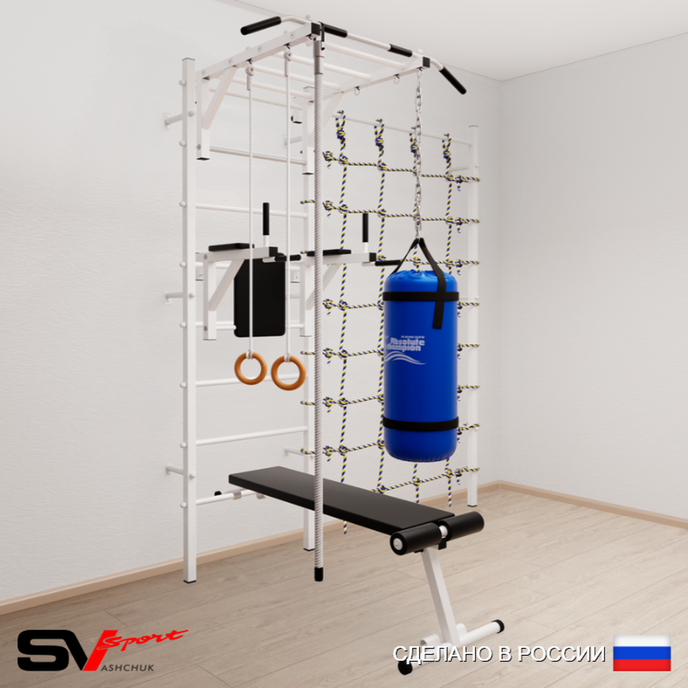 Шведская стенка Sv Sport 55430 (Турник рукоход/Брусья/Скамья/Канат/Кольца/Цепь/Мешок 30кг/Канатный лаз)