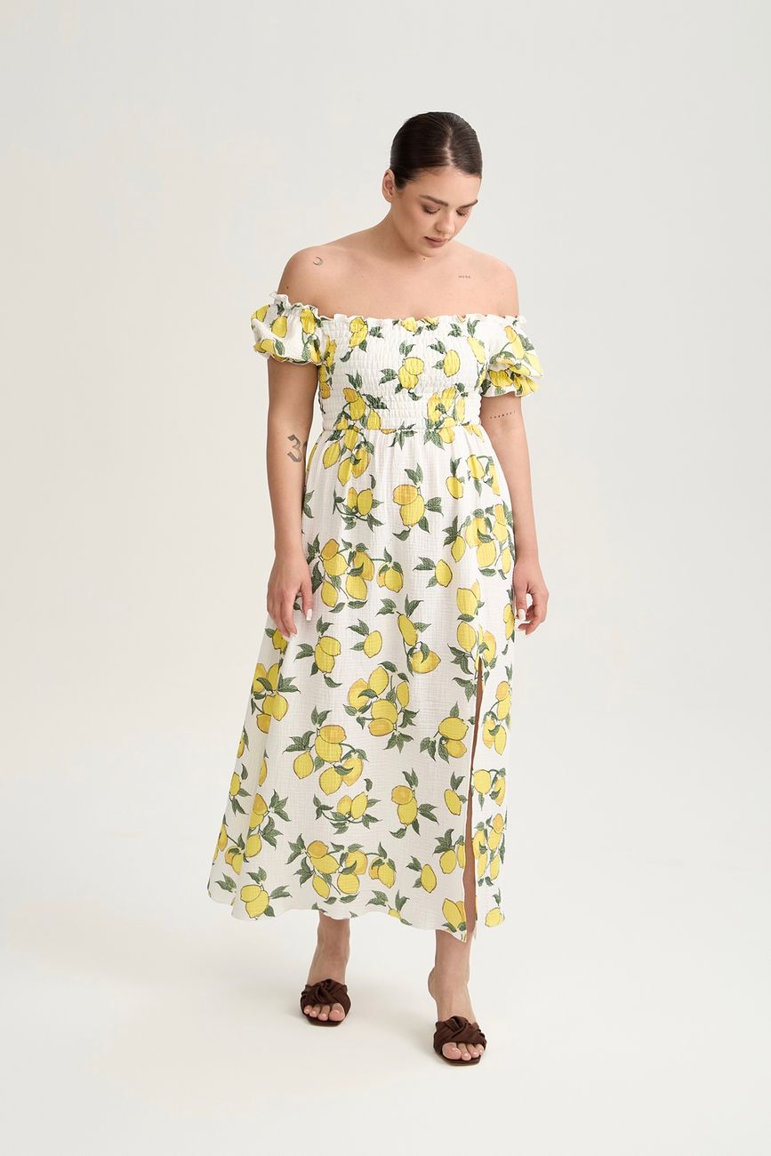 Платье с открытыми плечами из муслина, принт лимоны