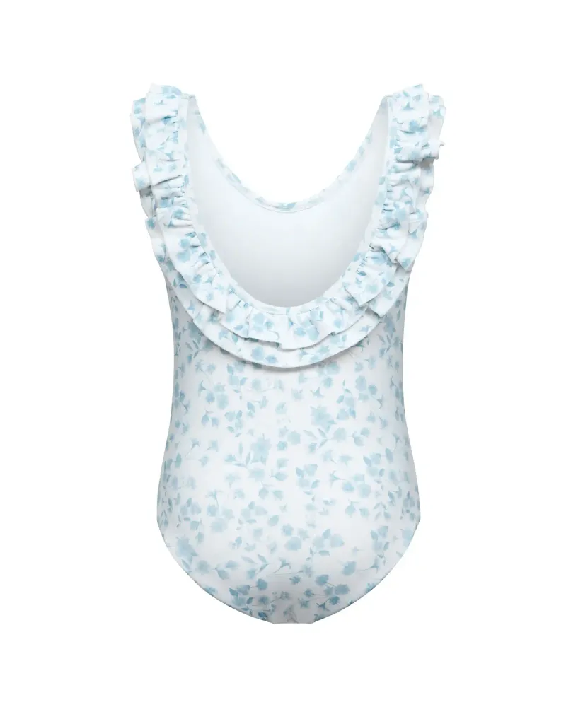 Lilo, купальник из бифлекса слитный с рюшей, молочный с мелкими голубыми цветами