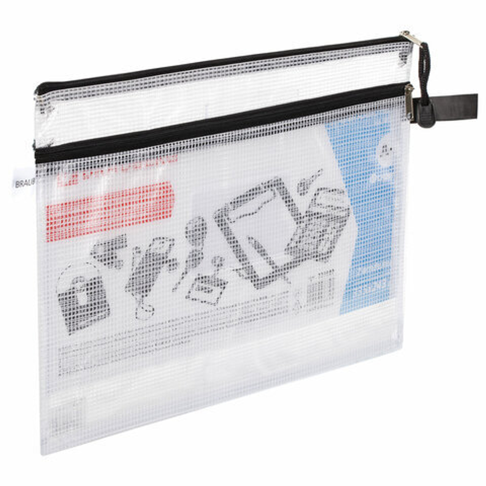 Папка-конверт на молнии А4 (335х243мм), 2 отделения, ПВХ, прозрач, 0,3мм, BRAUBERG "Solid", 223889