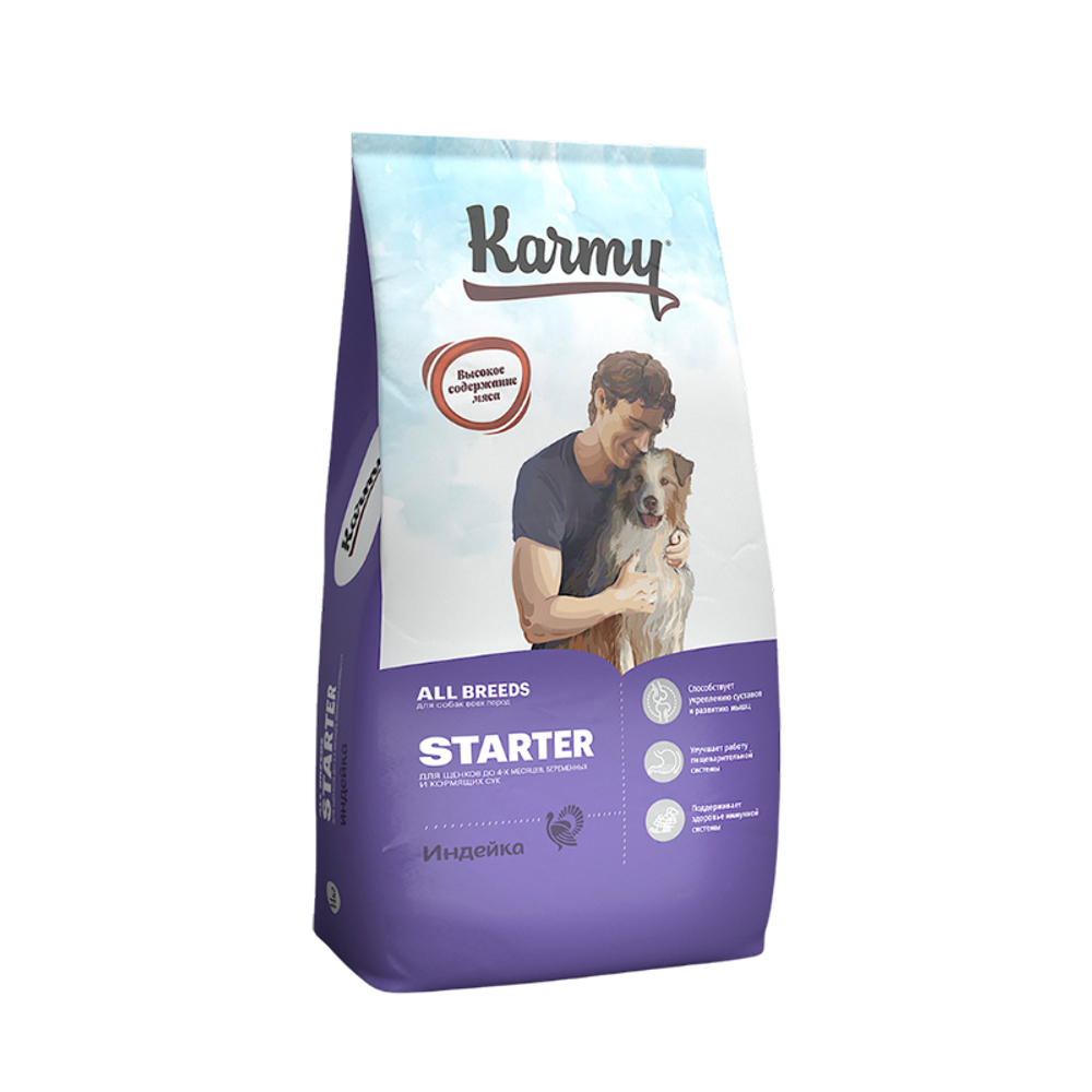 Cухой корм для щенков до 4-х месяцев, беременных и кормящих сук Karmy Starter All Breeds Индейка