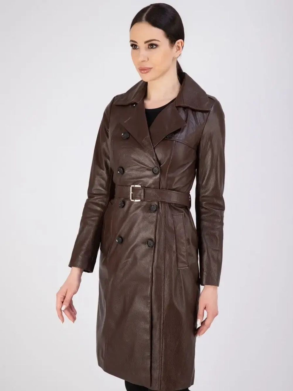 Тренч длинный кожаный с поясом плащ на весну