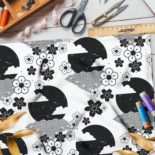 Ткань шелк Армани чёрно-белые японские декорации