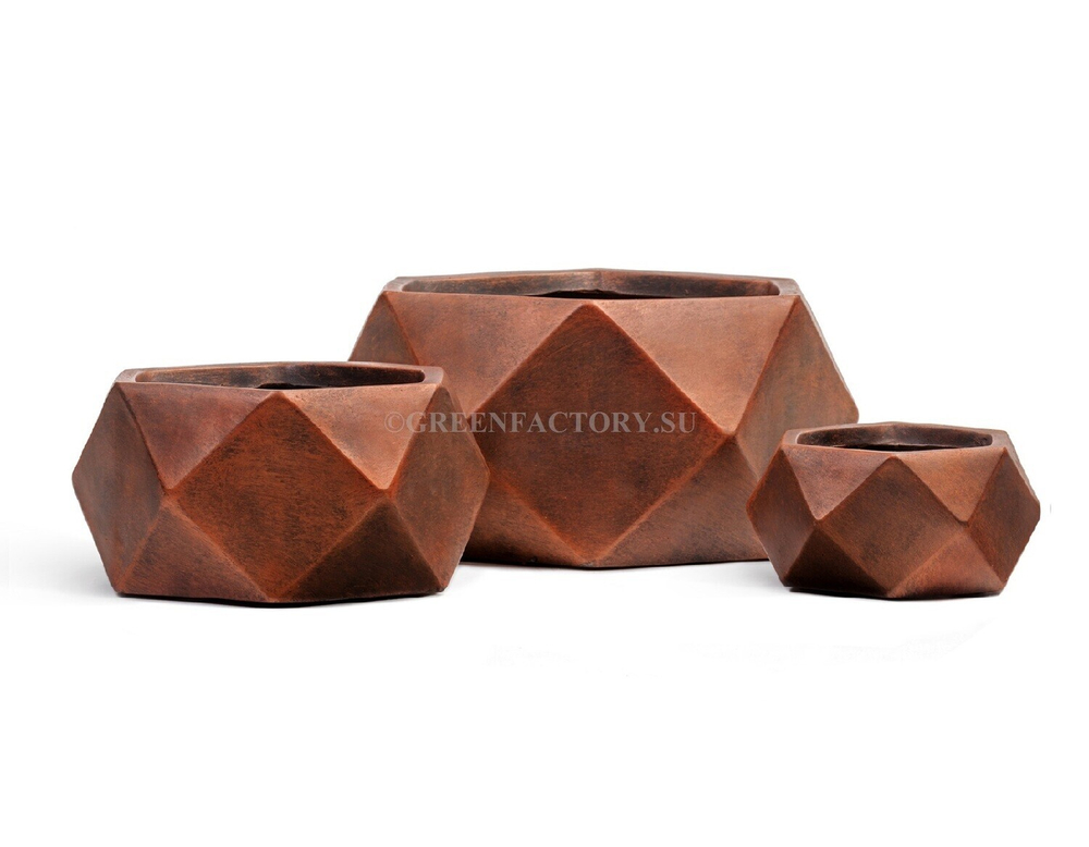 Кашпо TREEZ ERGO - серия Rombo - Низкая чаша-многогранник - Состаренная медь