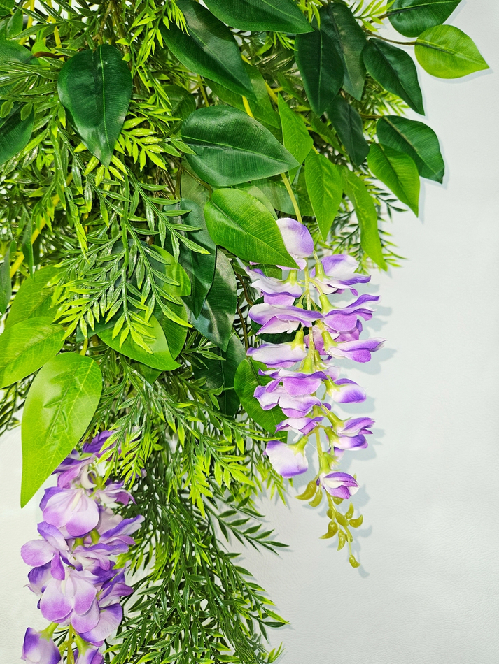 Искусственные цветы Акация бело-фиолетовая подвесная в настенном кашпо