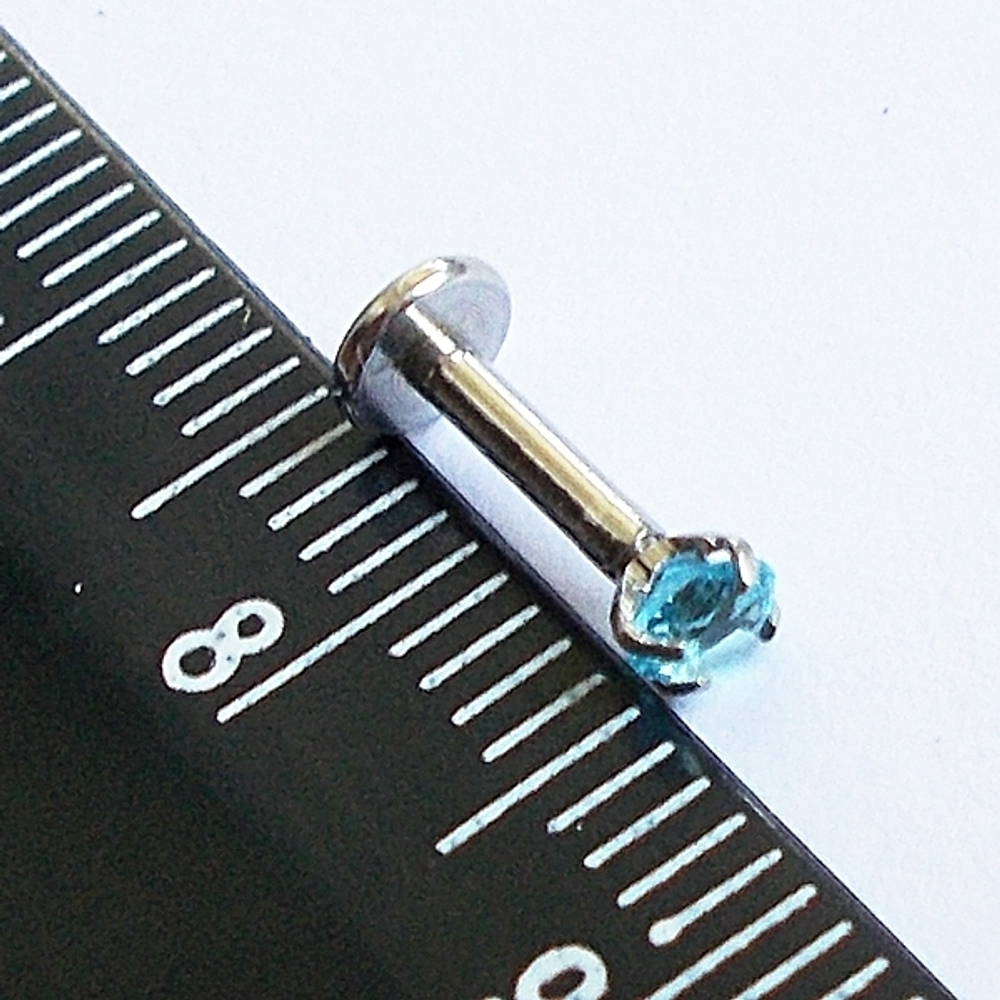 Пирсинг. Лабрета интернал для пирсинга губы 6 мм с голубым кристаллом 3 мм. Медицинская сталь.