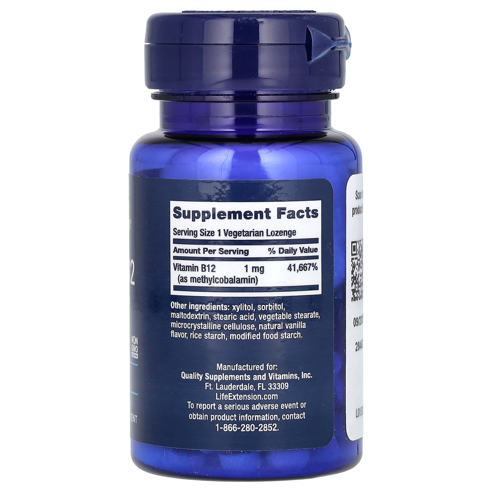Life Extension, витамин B12, метилкобаламин, 1 мг, 60 вегетарианских пастилок