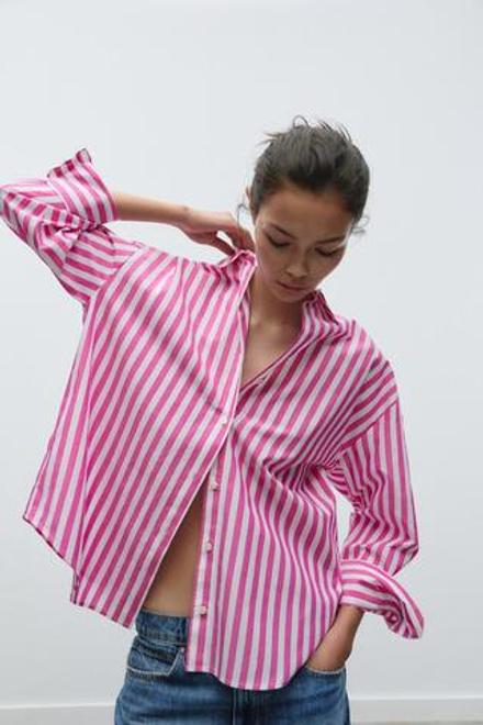 ZARA РУБАШКА ИЗ ПОПЛИНА В ПОЛОСКУ, БЕЛЫЙ/РОЗОВЫЙ