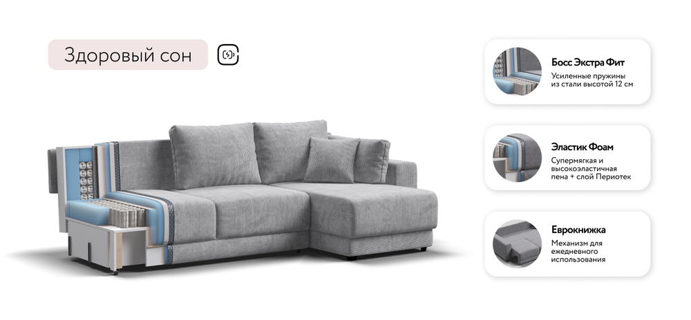 Угловой диван Босс Прайм ХЛ Вельвет Корд серый